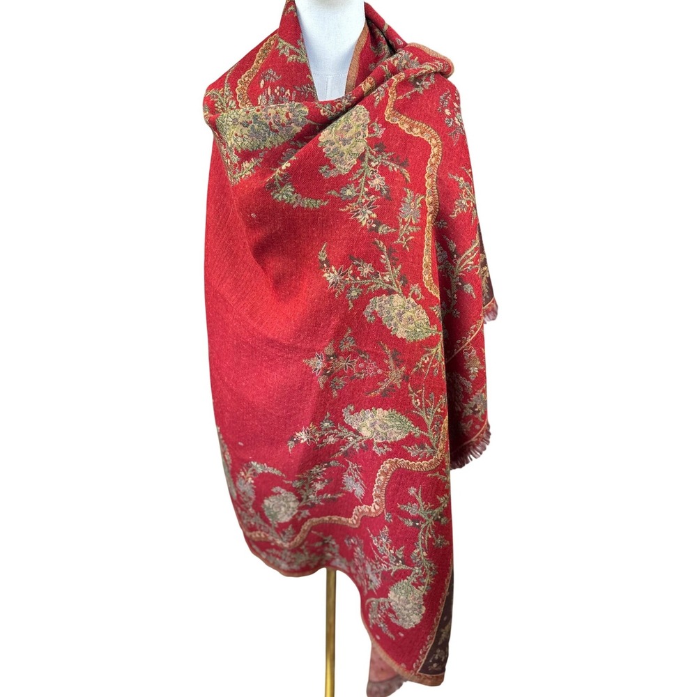 Petrusse Pure New Wool Shawl Scarf Red‎ Floral Paisley Made in France